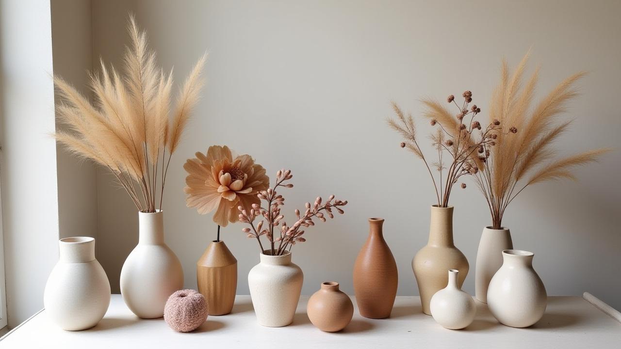 Collection d'accessoires floraux et de vases dans le studio, mettant en valeur la richesse des matériaux.