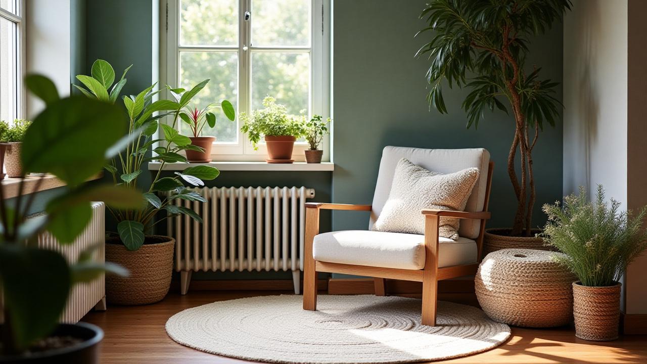 Coin détente confortable du studio, décoré avec des plantes et des éléments inspirés de la nature.